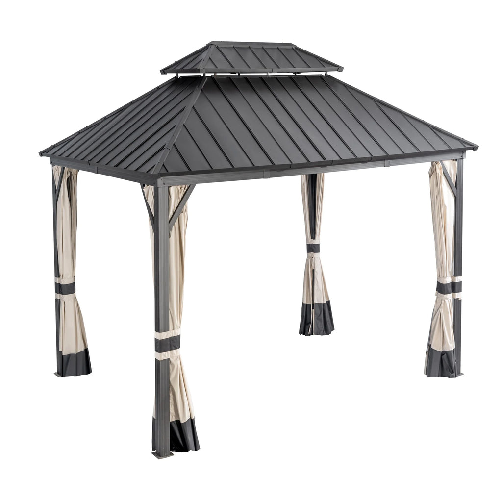 14x12ft Double Galvanized Steel Hard Top Outdoor Gazebo with Netting and Curtains P4646
