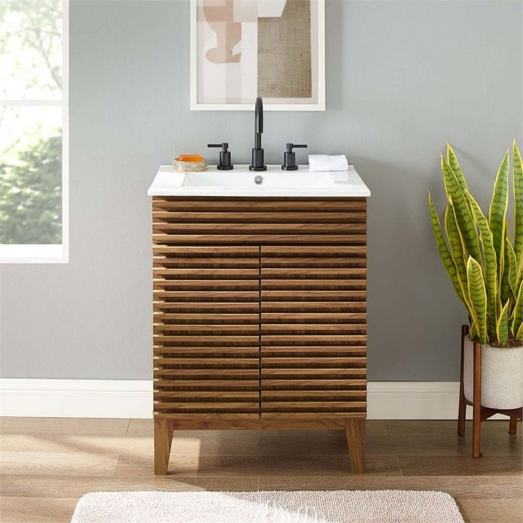 Walnut/White Wood Bathroom Vanity with Storage Shelf N15833