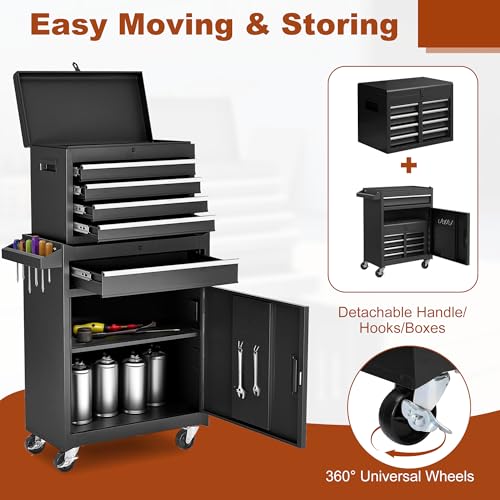 Black Steel 5 Drawer Rolling Tool Chest with Detachable Top O622499