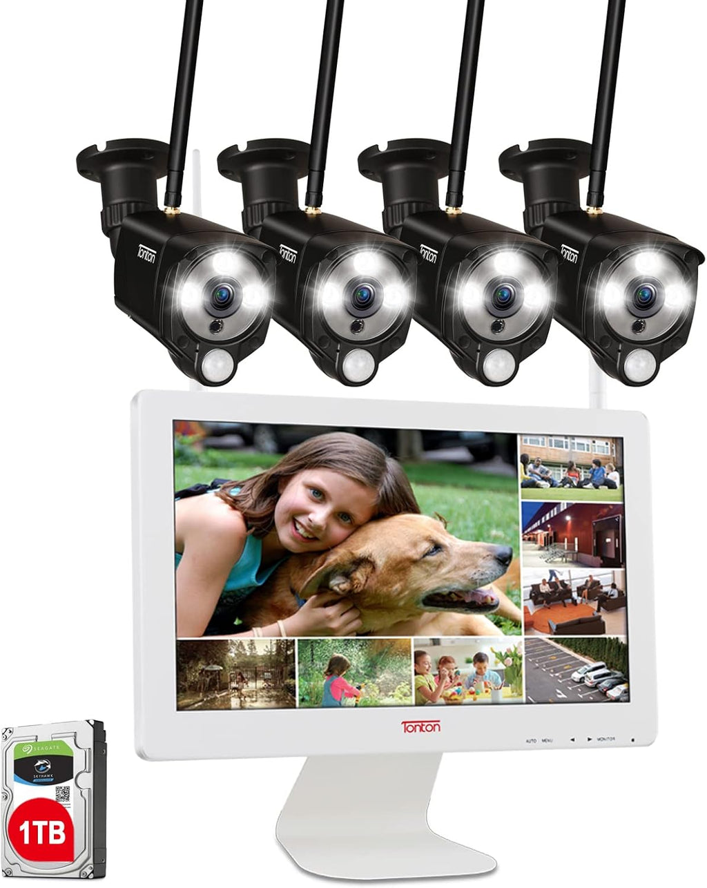 Wireless All-in-One Security Camera System with 16 Inch Monitor, 8CH WiFi NVR with 1TB HDD, 4PCS 3MP Outdoor Bullet IP Cameras with PIR Sensor, Floodlight, Black Y9424