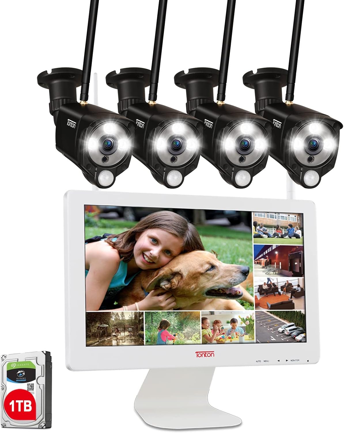 Wireless All-in-One Security Camera System with 16 Inch Monitor, 8CH WiFi NVR with 1TB HDD, 4PCS 3MP Outdoor Bullet IP Cameras with PIR Sensor, Floodlight, Black Y9424