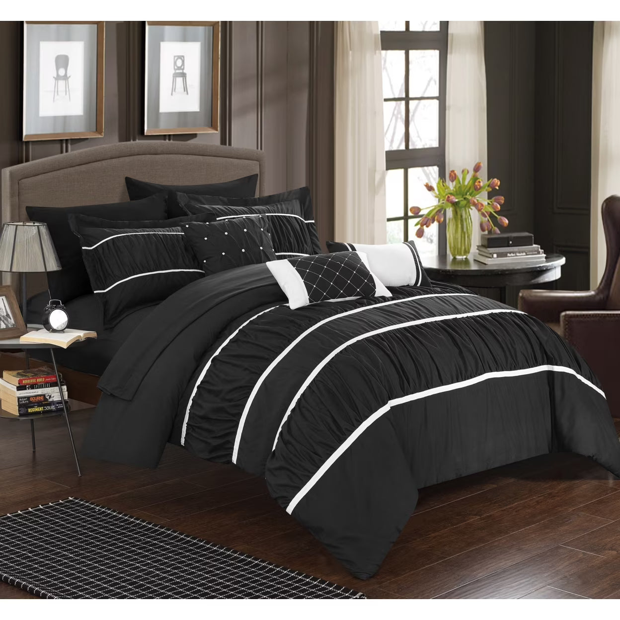 10 Piece Pleated and Ruffled Comforter and Sheet Set L19437