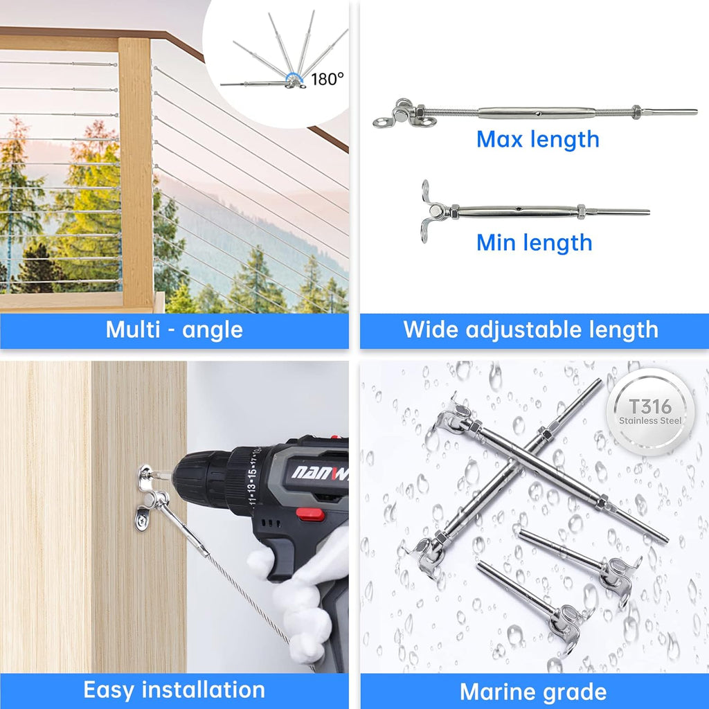 20 Set Cable Railing Kit 1/8 Swage Toggle Turnbuckle Hardware T316 Stainless Steel Angle 180° Adjustable W554392