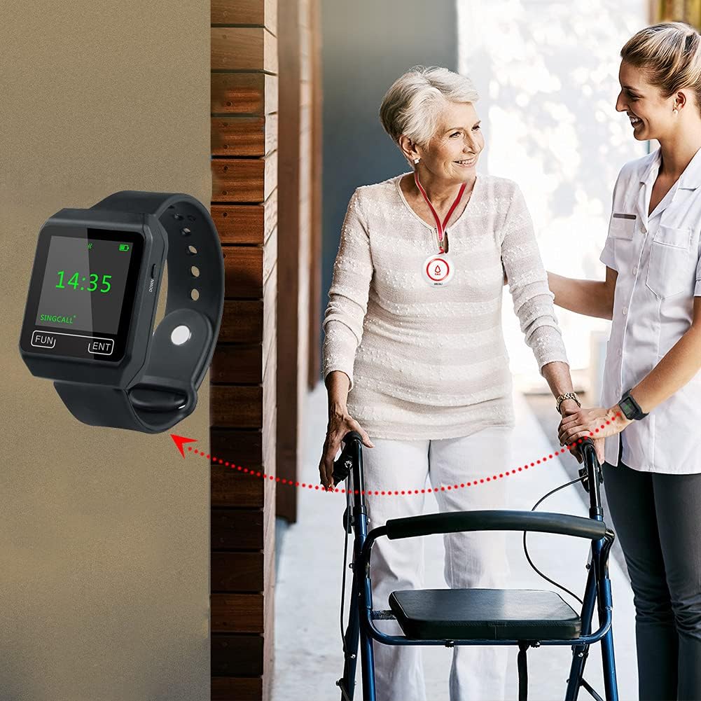 Wireless Caregiver Pager System with 1 Mobile Receiver 2 Call Buttons Q79290