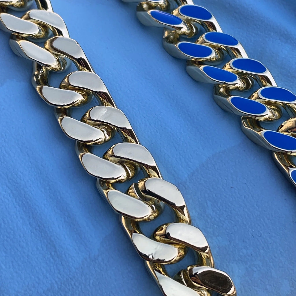 14K Gold Plated Miami Cuban Necklace Blue Enamel Chain 20" x 10.5 MM T1966