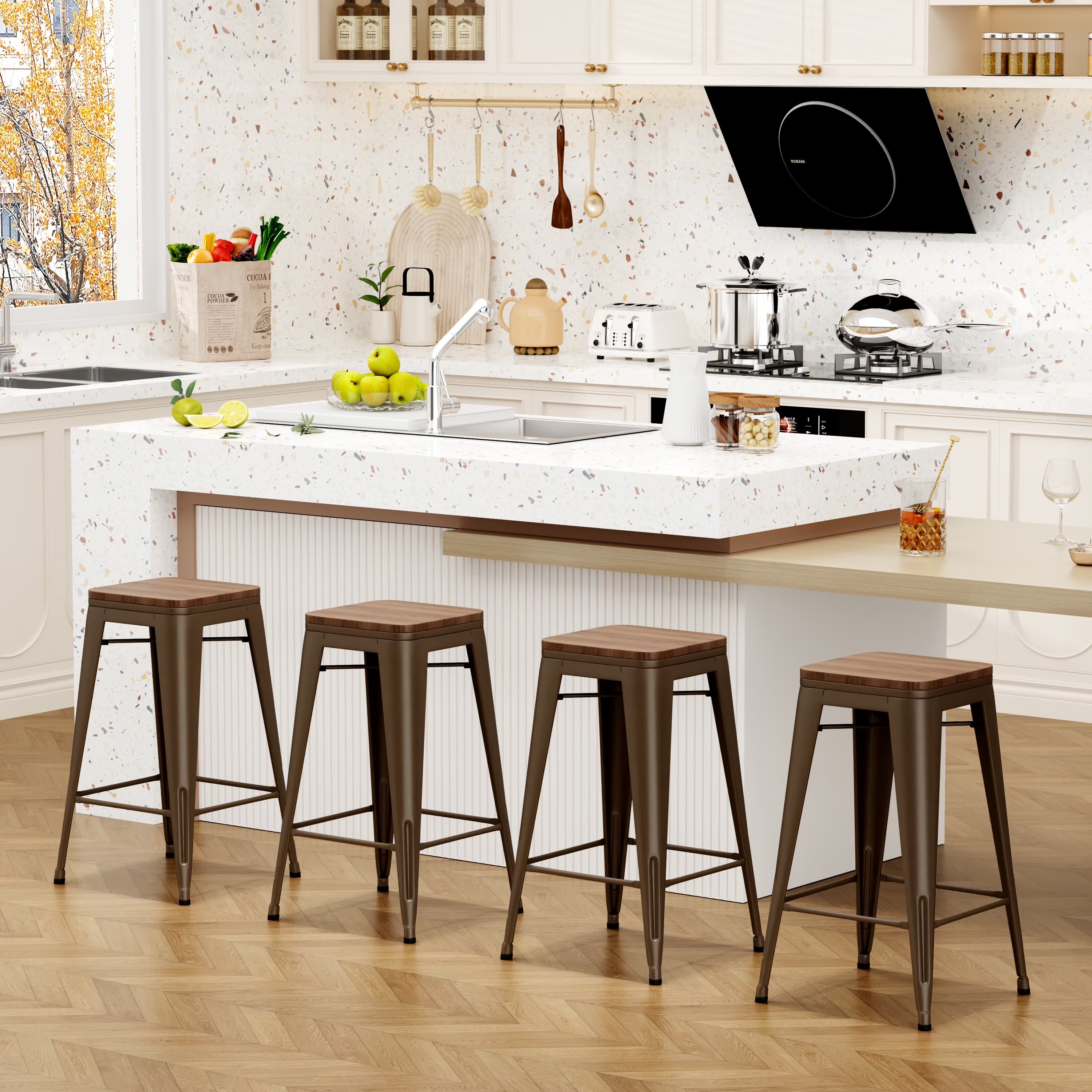 26" Metal Bar Stools Set of 4 Backless Stackable with Wooden Seat T34519