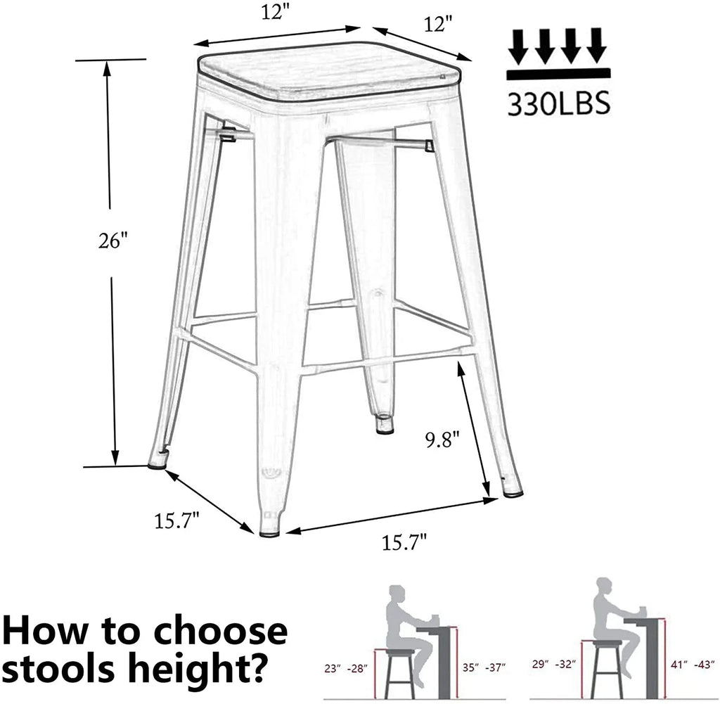 26" Metal Bar Stools Set of 4 Backless Stackable with Wooden Seat T34519