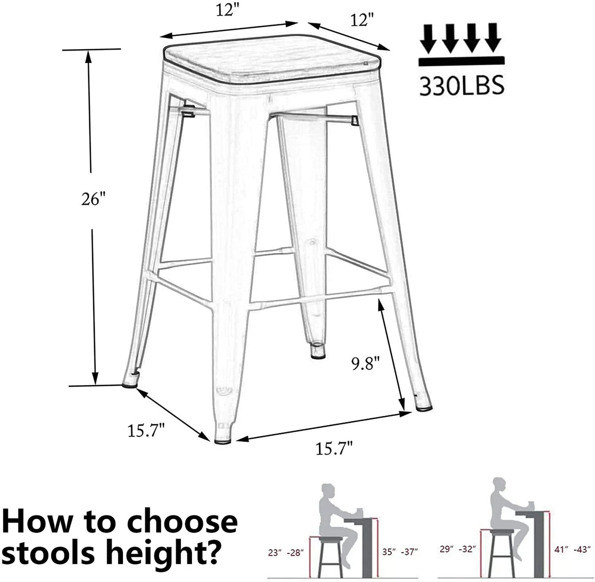 26" Metal Bar Stools Set of 4 Backless Stackable with Wooden Seat T34519
