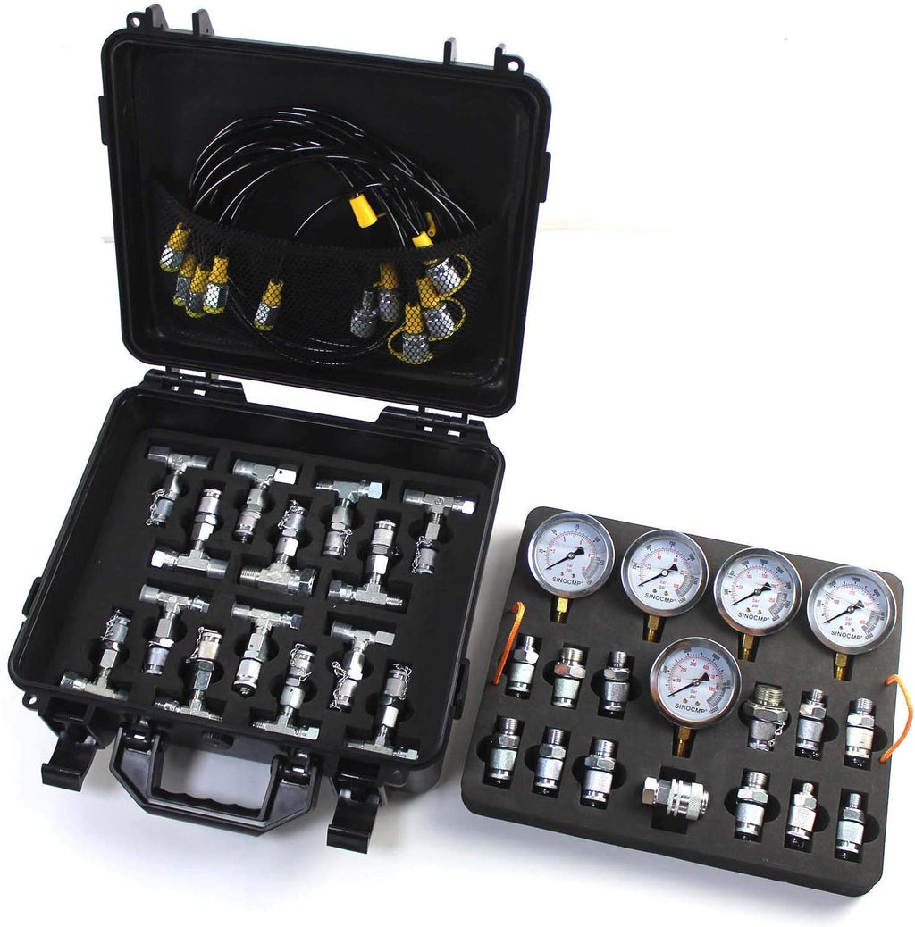 Hydraulic Pressure Test Kit with 5 Gauges, 5 Test Hoses, 13 Couplings and 14 Tee Connectors A33018