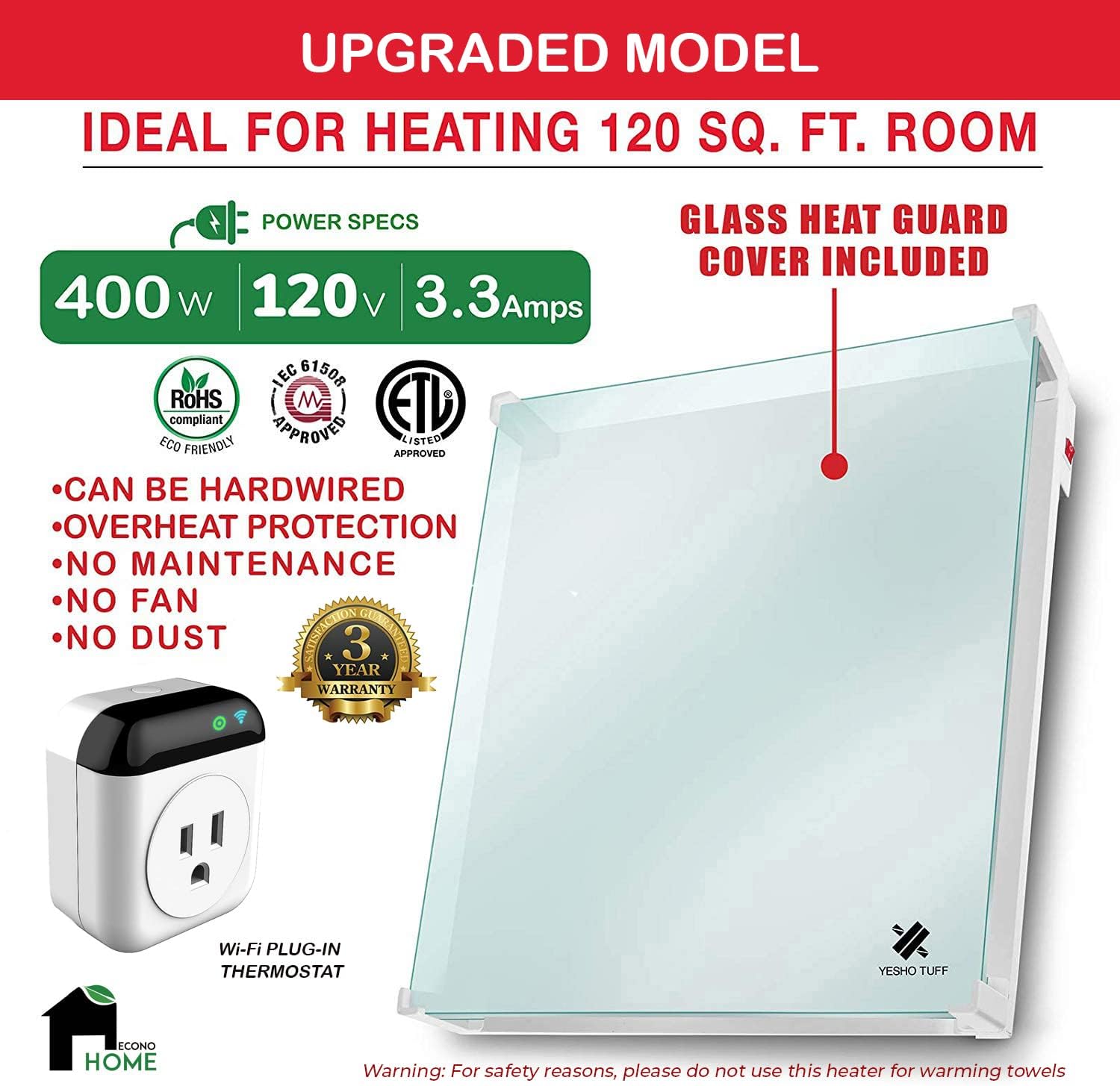 Wall Mount Smart Space Heater Panel, WiFi Thermostat, 400W Convection Heater Q3405