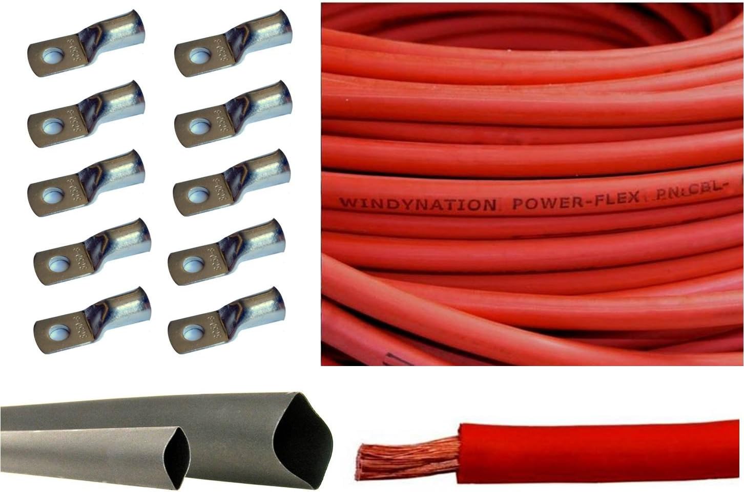 4 Gauge 15 Feet Red + 15 Feet Black Pure Copper Flexible Cable + 10pcs 3/8 Tinned Copper Cable Lug Terminal Connectors + 3 Feet Black Heat Shrink Tubing H612