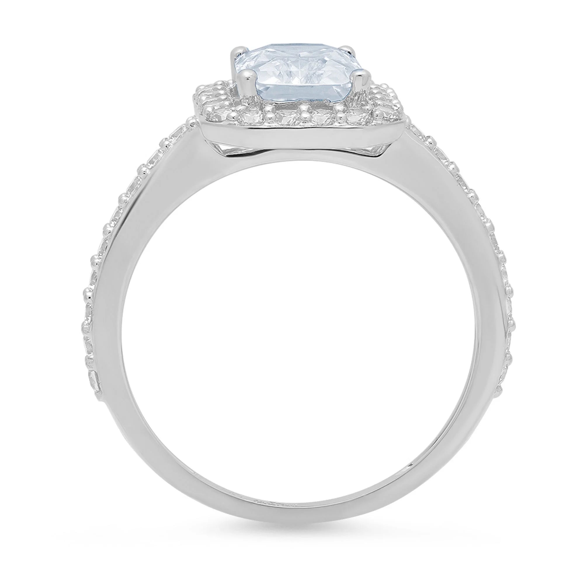 18k White Gold Emerald Cut Blue Aquamarine Halo Ring R167