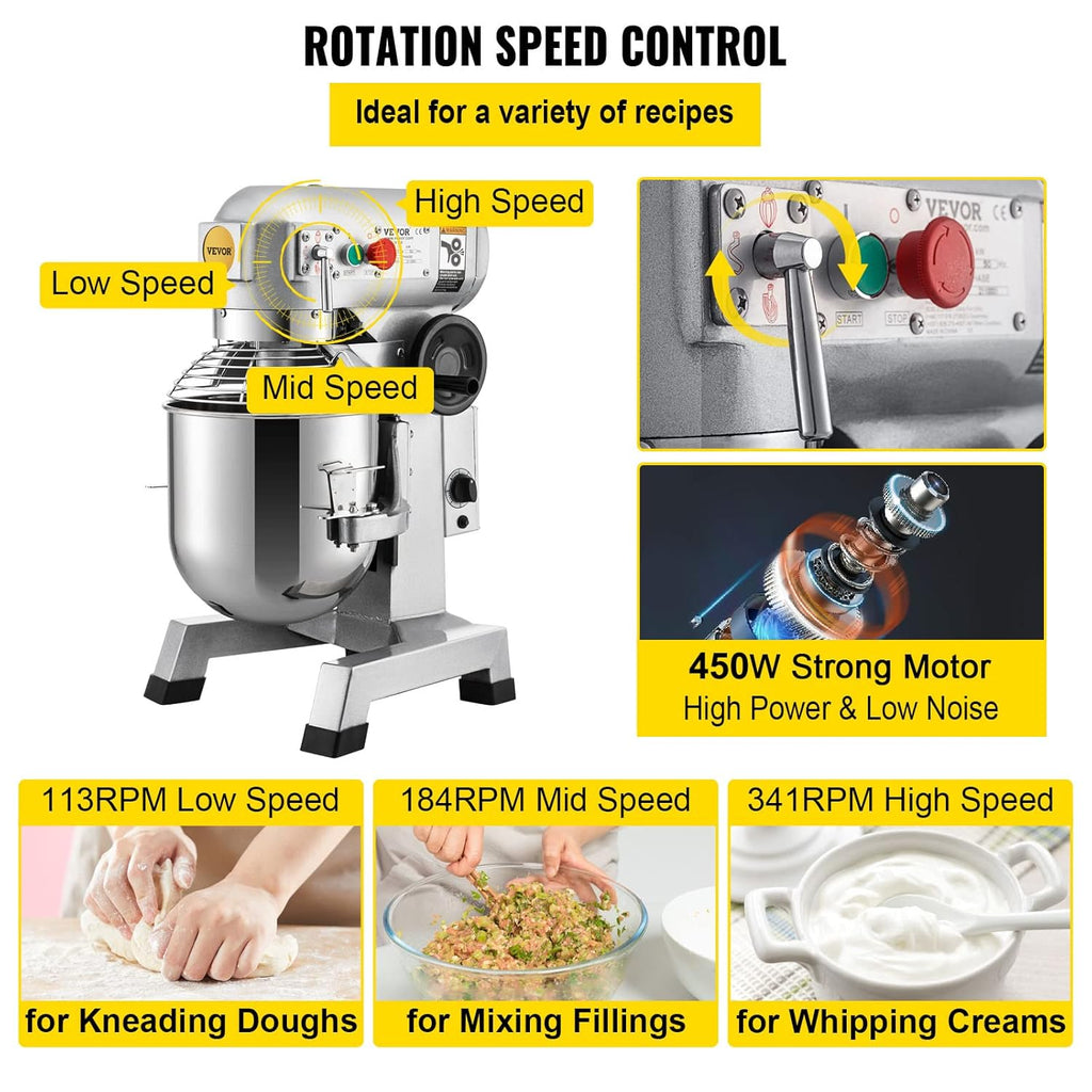 Commercial Food Mixer 10Qt Stainless Steel Bowl 450W 3 Speeds Q496