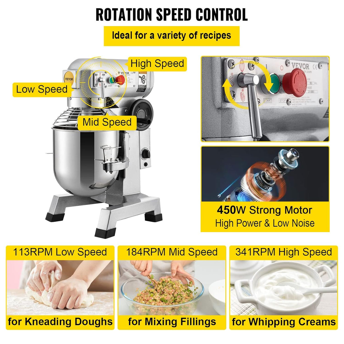 Commercial Food Mixer 10Qt Stainless Steel Bowl 450W 3 Speeds Q496