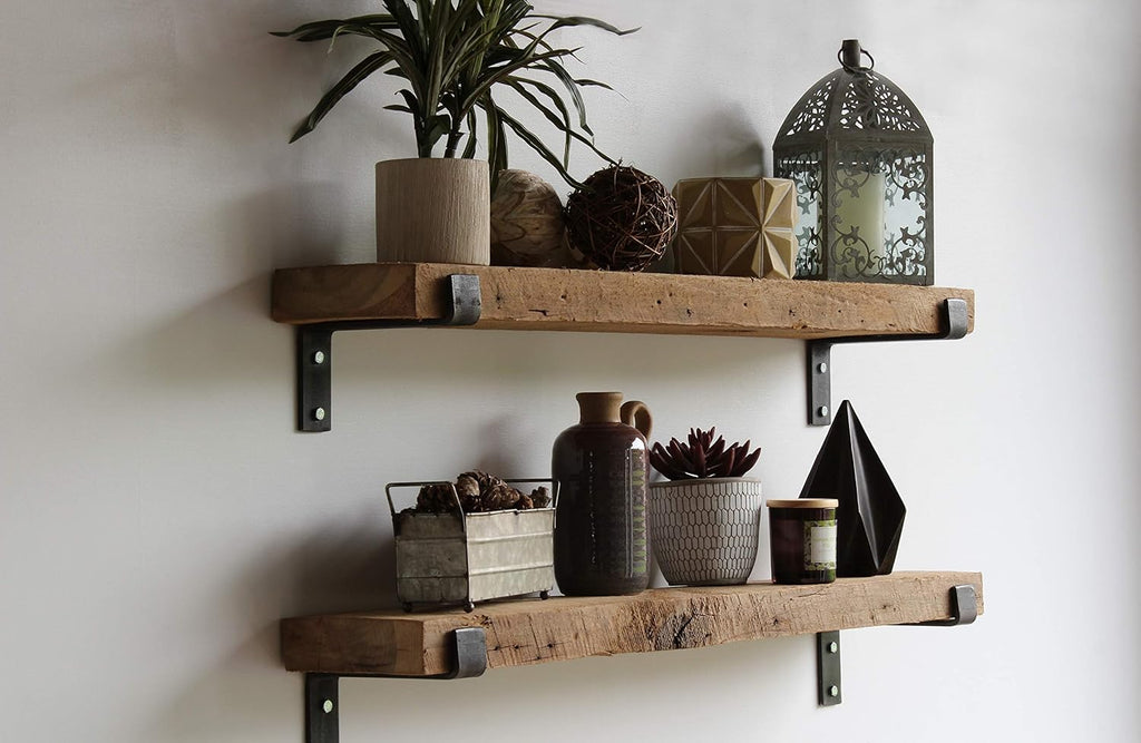 Reclaimed Barnwood Accent Shelves - Set of Two - Metal Bracketed Wall Mount - Natural 48x 7x 2 W9428