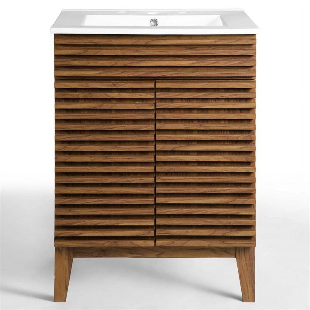 Walnut/White Wood Bathroom Vanity with Storage Shelf N15833