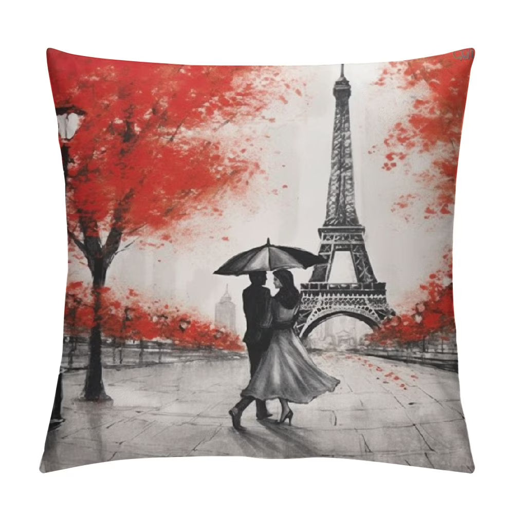 Eiffel Tower Decorative Square Throw Pillow Covers Paris Couple On Street Oil Painting Maple Tree Farmhouse Rectangle Cushion Cover Pillowcases Cushion Cover I407