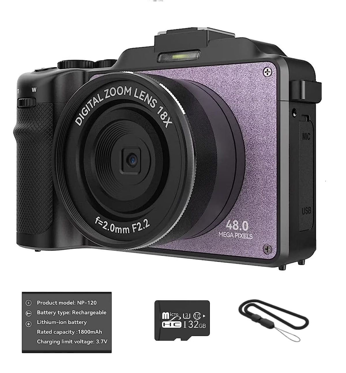 48MP 4K Digital Camera with Dual Cameras and 32GB Micro Card D5476