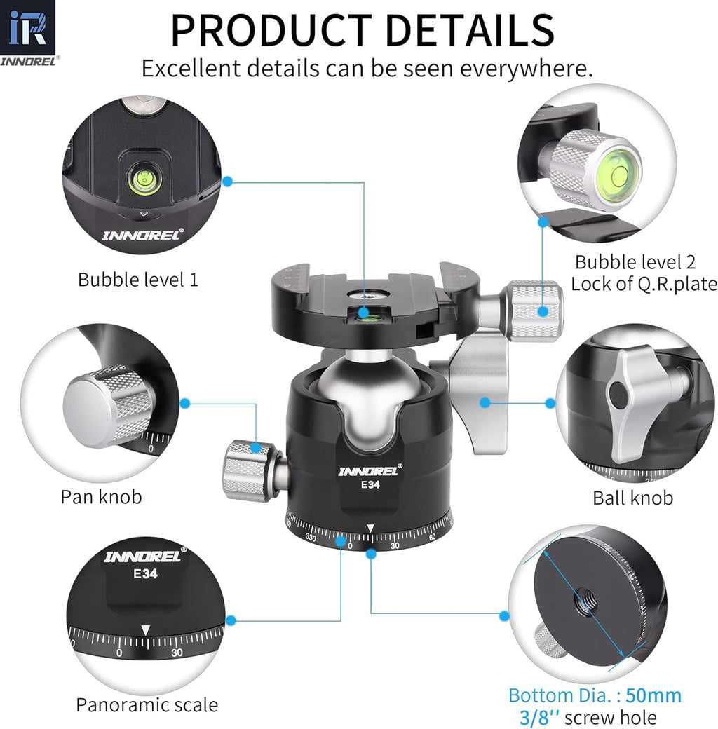 Low Profile CNC Metal Camera Tripod Ballhead with 1/4 Arca Swiss Quick Release Plate, Max Load 16kg, Pack of 2 N22438