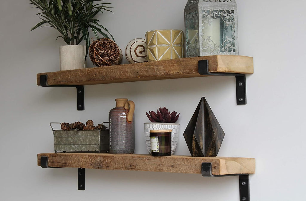 Reclaimed Barnwood Accent Shelves - Set of Two - Metal Bracketed Wall Mount - Natural 48x 7x 2 W9428