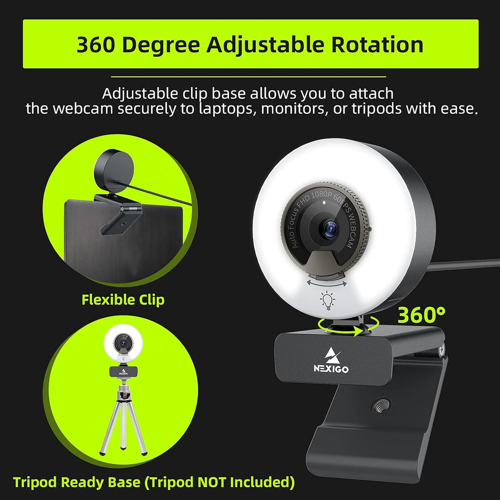 1080P 60FPS Webcam with Light, Fast AutoFocus, Built-in Privacy Cover, Dual Stereo Microphone B396247