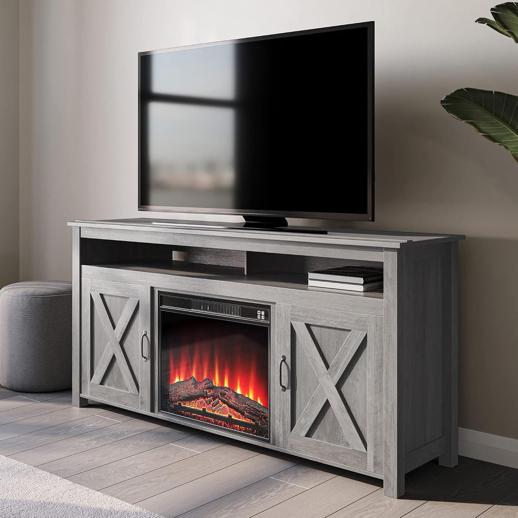 Dark Walnut Barn Door Wood Electric Fireplace TV Stand P753135