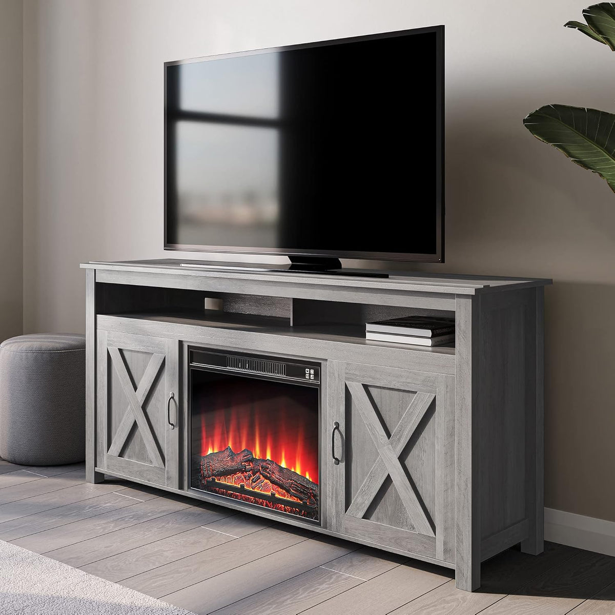 Dark Walnut Barn Door Wood Electric Fireplace TV Stand P753135