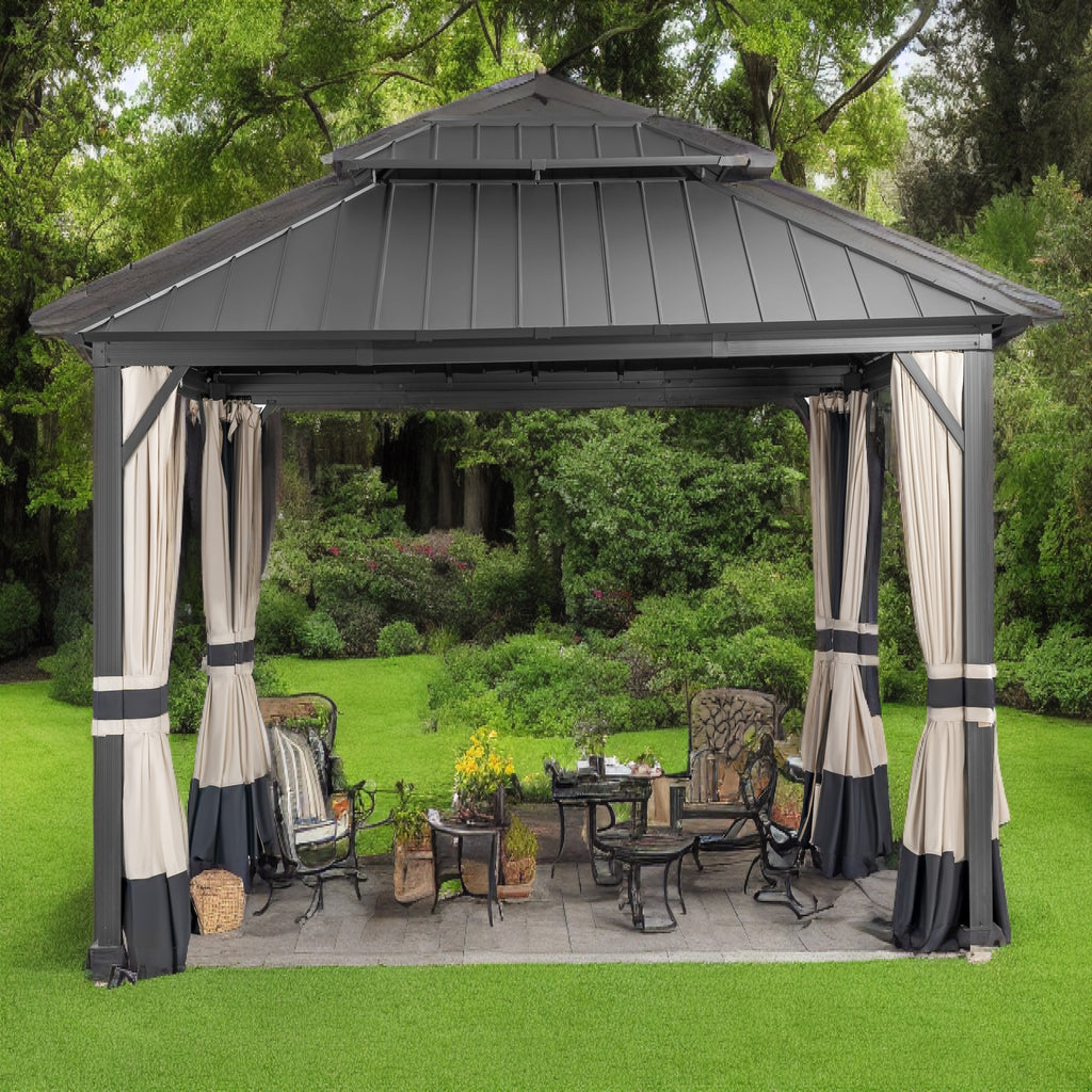14x12ft Double Galvanized Steel Hard Top Outdoor Gazebo with Netting and Curtains P4646