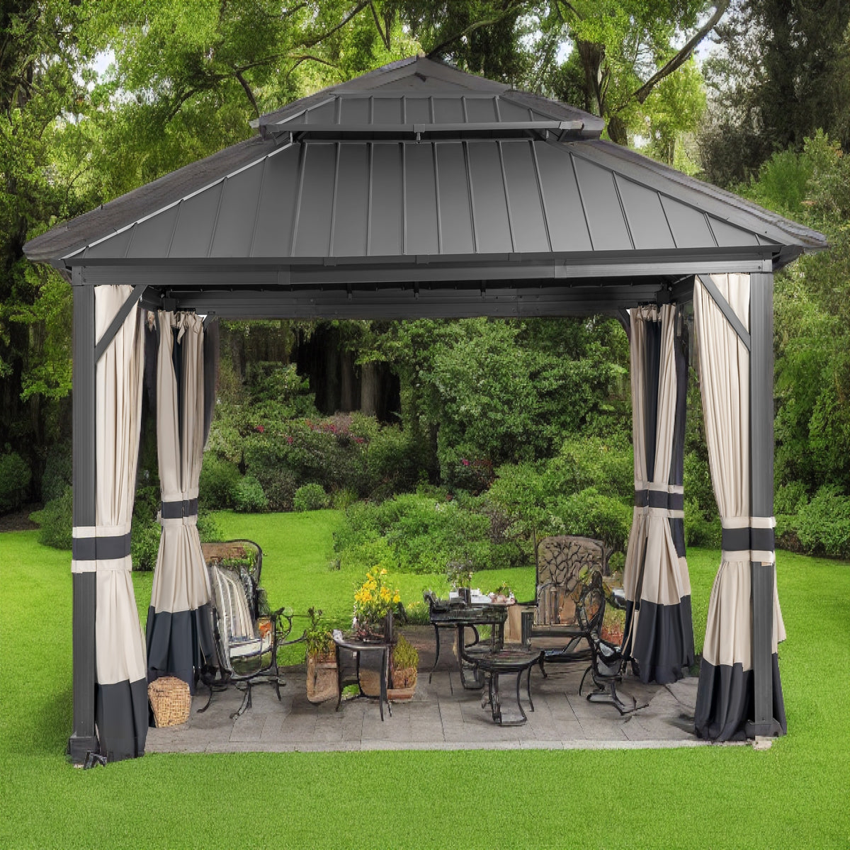 14x12ft Double Galvanized Steel Hard Top Outdoor Gazebo with Netting and Curtains P4646