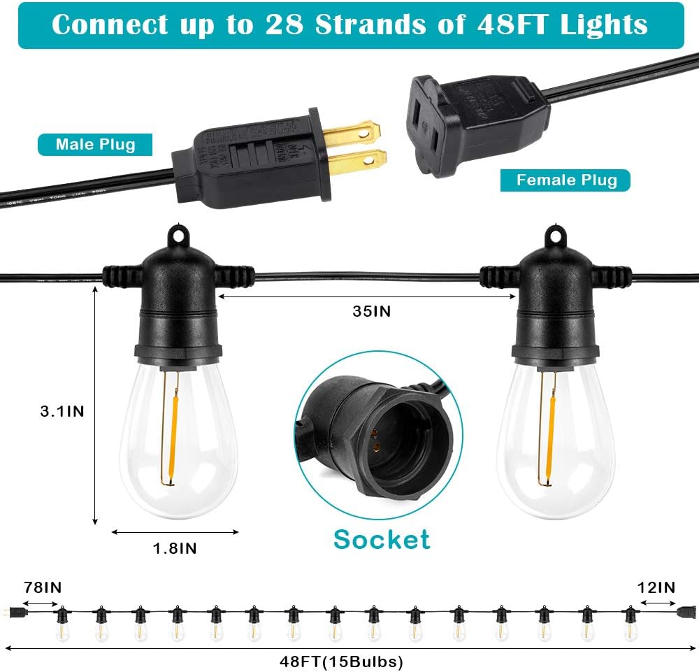 96 FT WarmWhite LED Outdoor String Lights, 34 Bulbs, 2 Pack 48FT B77947
