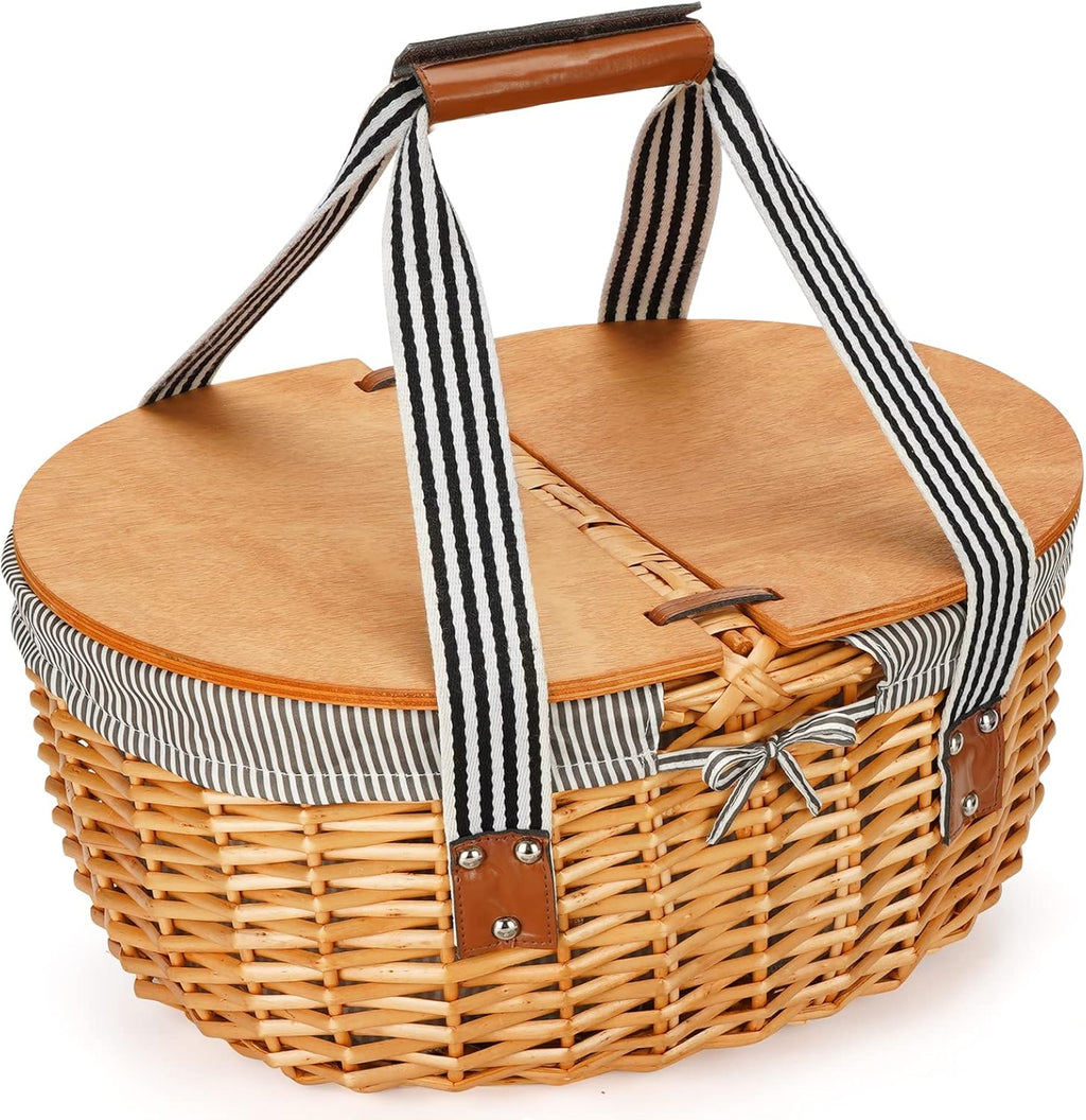 Grey Stripe Wicker Picnic Basket with Double Wooden Lids & Folding Handles U5749