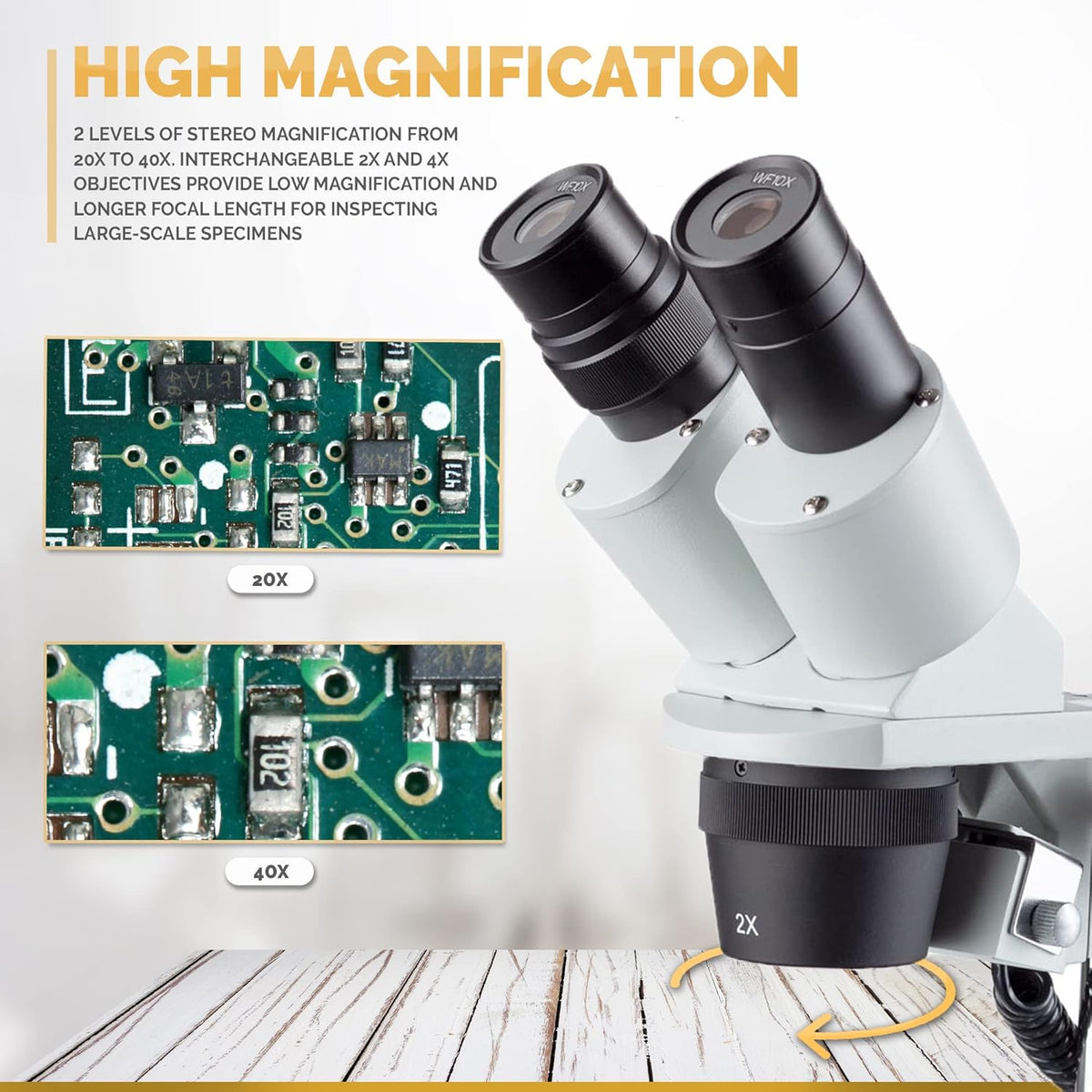 Binocular Stereo Microscope, WF10x Eyepieces, 20X and 40X Magnification, 2X and 4X Objectives, Upper and Lower LED Lighting, Reversible Black/White Stage Plate, Pillar Stand K4004