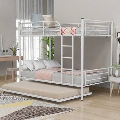 White Twin-Over-Twin Metal Bunk Bed with Trundle P7216