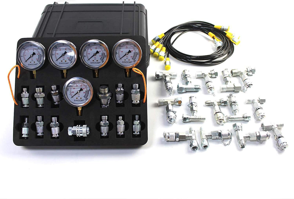 Hydraulic Pressure Test Kit with 5 Gauges, 5 Test Hoses, 13 Couplings and 14 Tee Connectors A33018