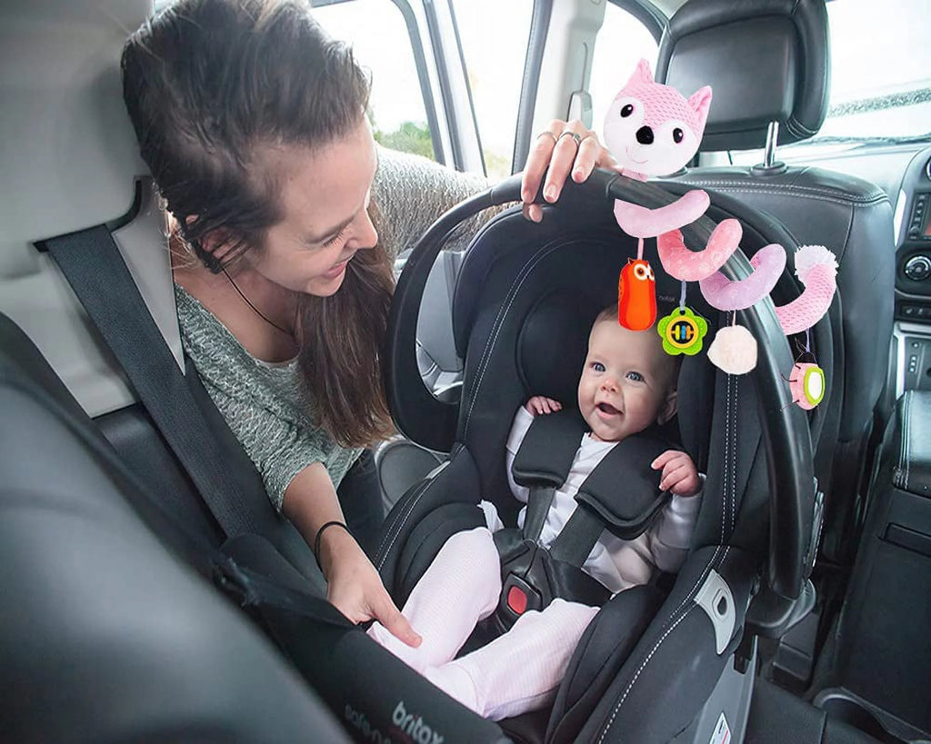 Pink Fox Baby Car Seat Toys with Musical Sheep Rattles Owl Ladybird Distorting Mirror O9820