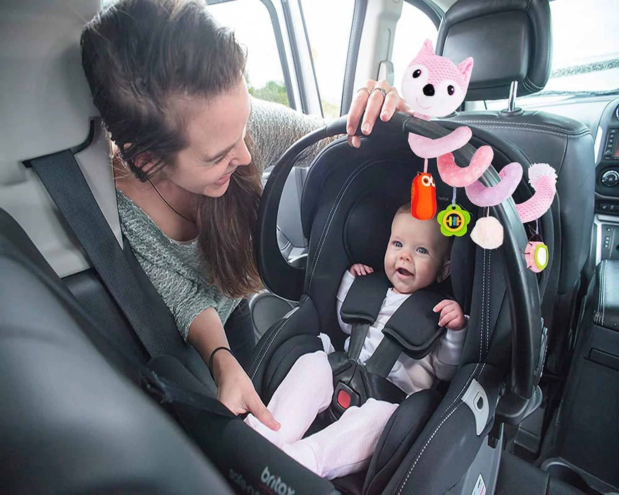 Pink Fox Baby Car Seat Toys with Musical Sheep Rattles Owl Ladybird Distorting Mirror O9820