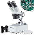 Binocular Stereo Microscope, WF10x Eyepieces, 20X and 40X Magnification, 2X and 4X Objectives, Upper and Lower LED Lighting, Reversible Black/White Stage Plate, Pillar Stand K4004