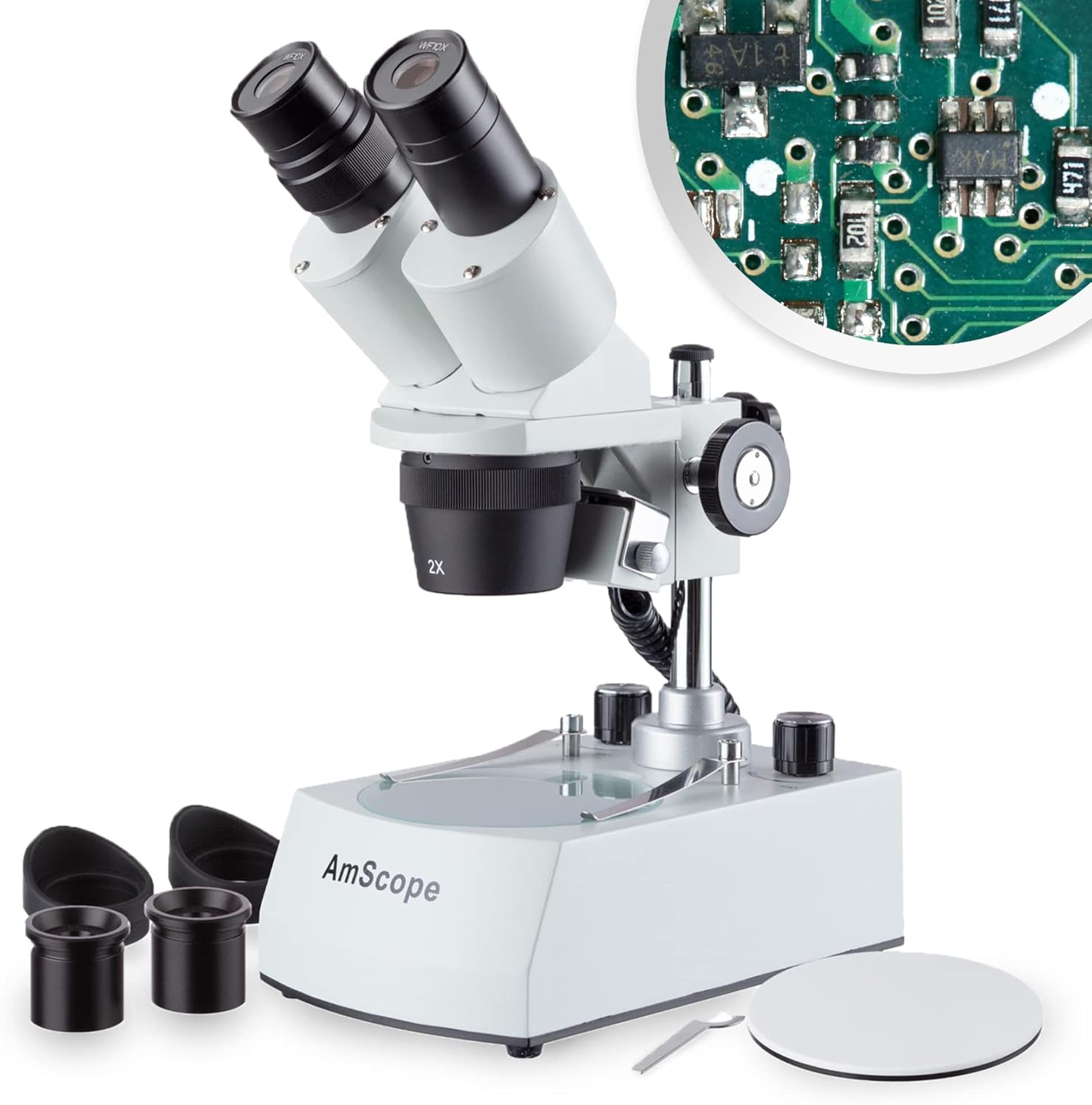 Binocular Stereo Microscope, WF10x Eyepieces, 20X and 40X Magnification, 2X and 4X Objectives, Upper and Lower LED Lighting, Reversible Black/White Stage Plate, Pillar Stand K4004