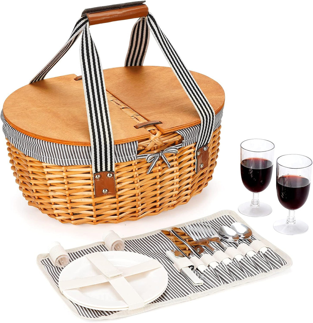 Grey Stripe Wicker Picnic Basket with Double Wooden Lids & Folding Handles U5749