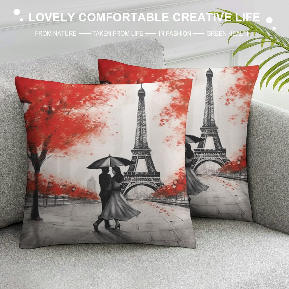 Eiffel Tower Decorative Square Throw Pillow Covers Paris Couple On Street Oil Painting Maple Tree Farmhouse Rectangle Cushion Cover Pillowcases Cushion Cover I407