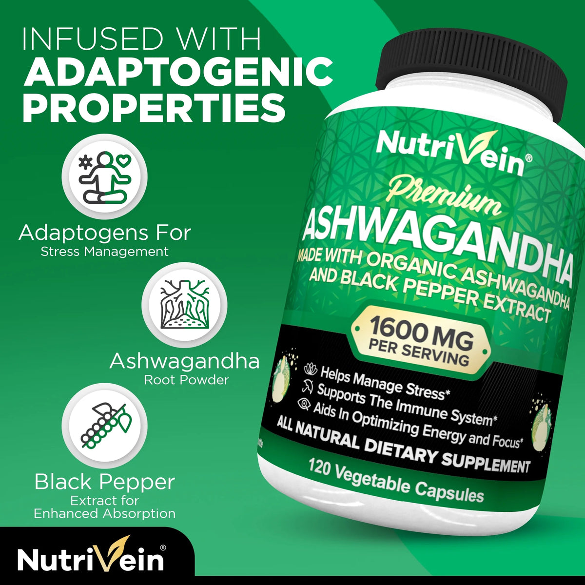 Organic Ashwagandha Capsules 1600mg 120 Vegan Pills J72675