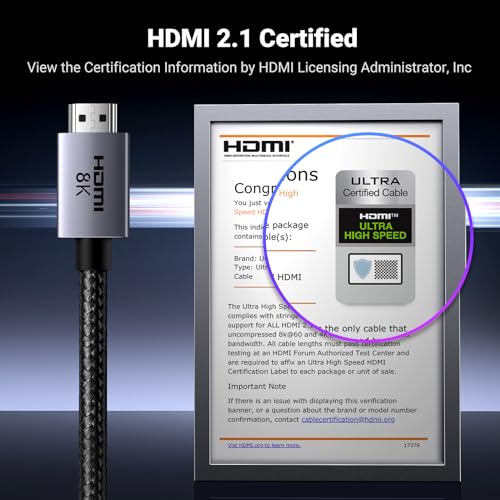 8K HDMI 2.1 Cable 48Gbps 16FT Certified Ultra High Speed HDMI Cord Aluminum T506