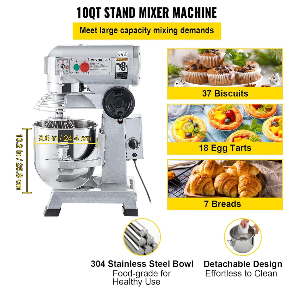 Commercial Food Mixer 10Qt Stainless Steel Bowl 450W 3 Speeds Q496