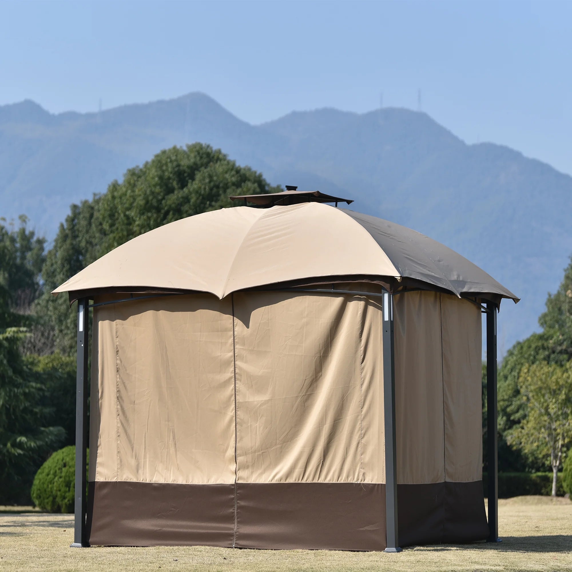 10ft W*12ft L Outdoor Double Vents Gazebo Patio Metal Canopy with Screen and LED Lights, Brown C45556