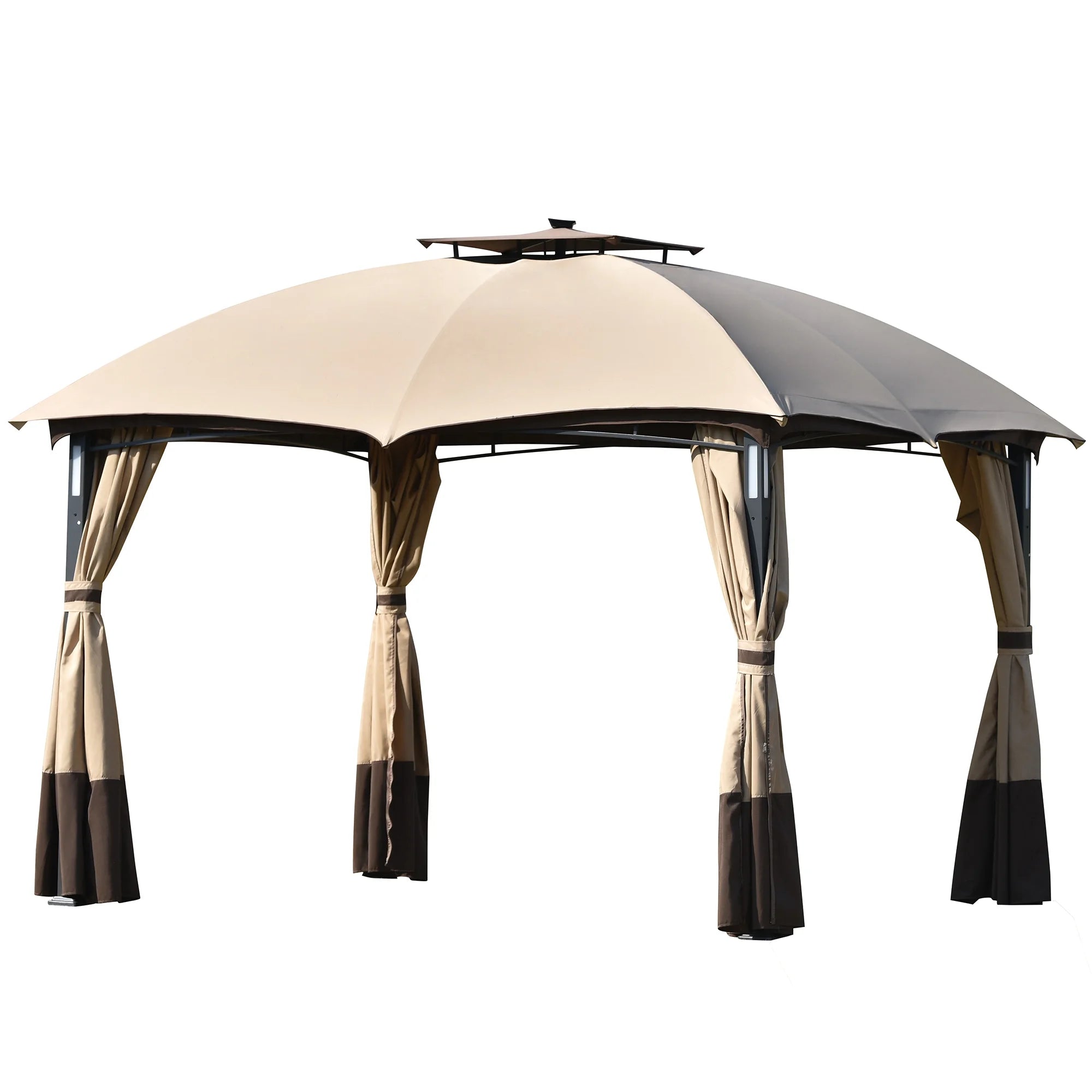 10ft W*12ft L Outdoor Double Vents Gazebo Patio Metal Canopy with Screen and LED Lights, Brown C45556