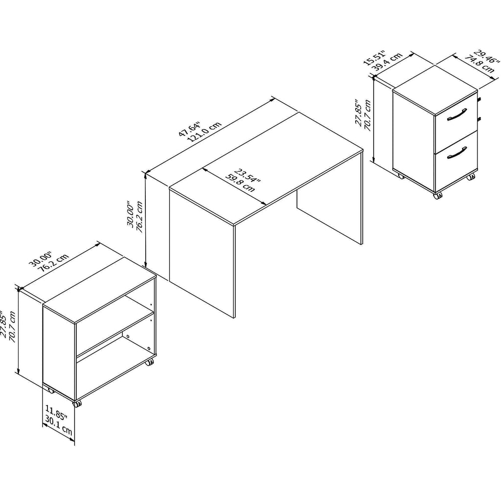 Pure White Office Desk with Mobile File Cabinet and Bookcase K321