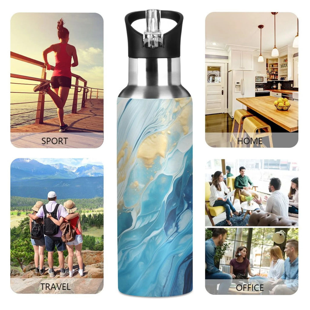 Blue White and Gold Marble Stainless Steel Insulated Water Bottle with Straw Lid P5997