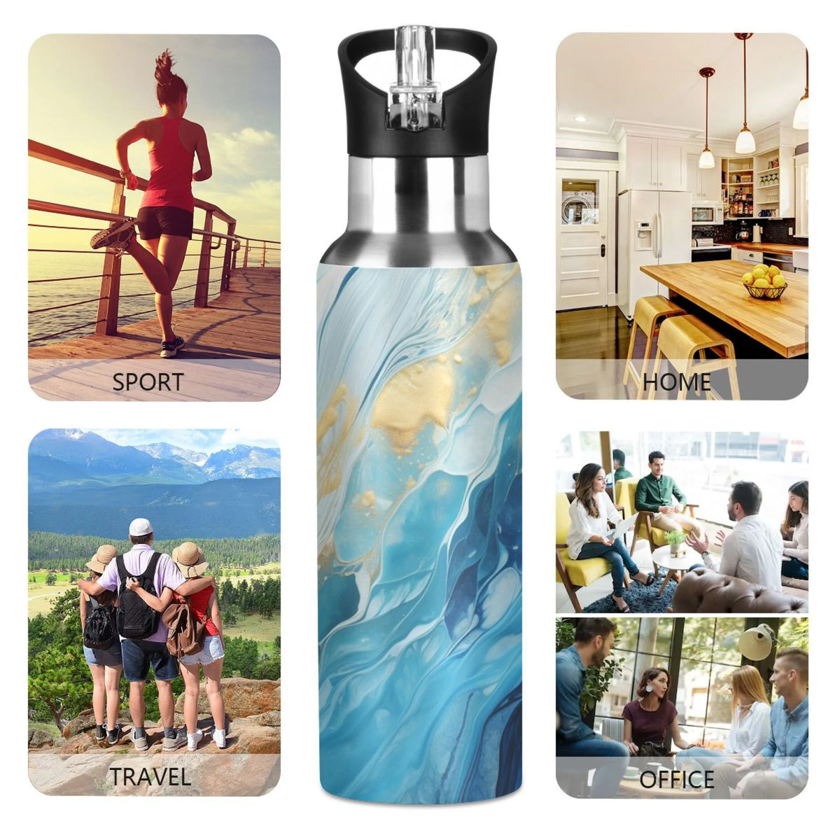 Blue White and Gold Marble Stainless Steel Insulated Water Bottle with Straw Lid P5997