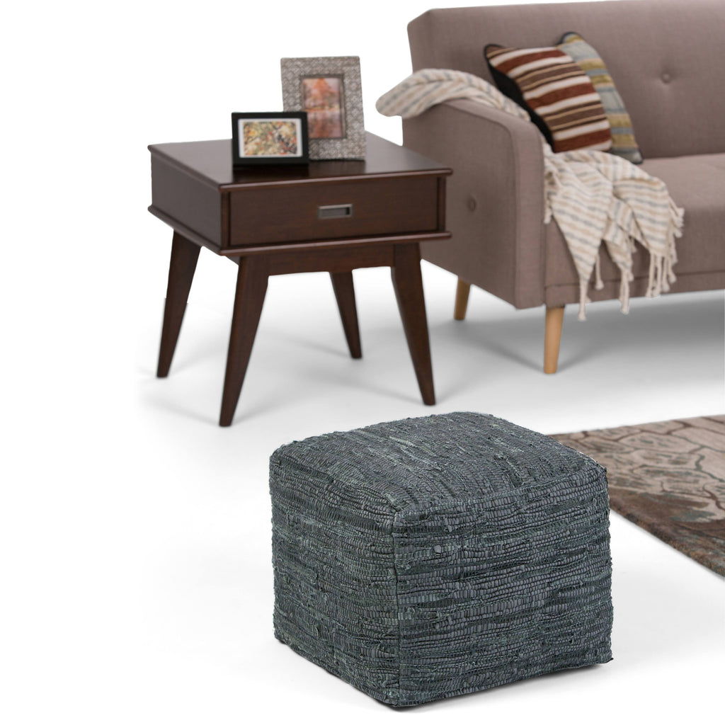 Genuine Leather Square Pouf - Grey G6956