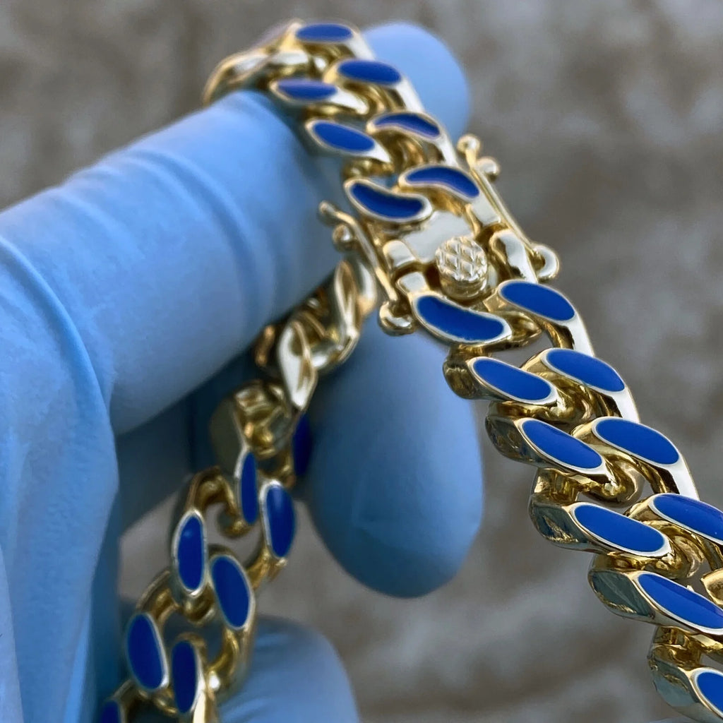 14K Gold Plated Miami Cuban Necklace Blue Enamel Chain 20" x 10.5 MM T1966